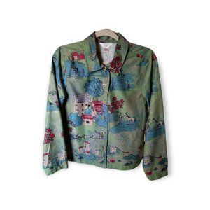 Christopher & Banks Womens Green Village Print Dress Jacket W/Button Sz M PETITE